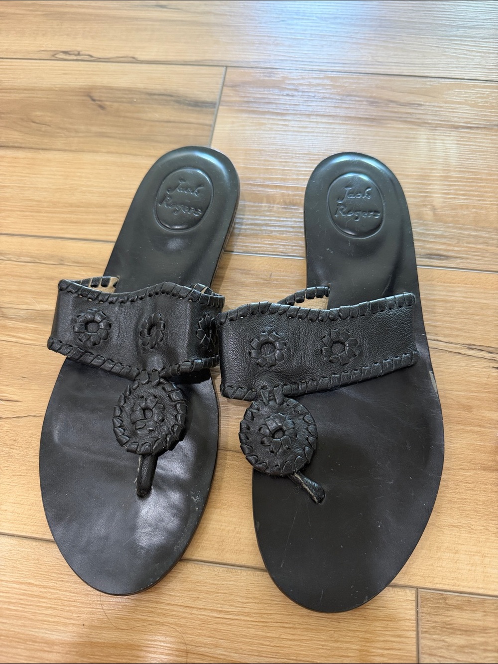 Jack Rogers Black Leather Whipstitch Medallion Sandals